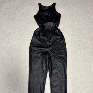 Forever 21 Women Black Faux Leather Sleeveless Jumpsuit